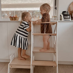 myduckling Deluxe Adjustable Learning Tower (White/Natural) - Flag with Rectangle Handle