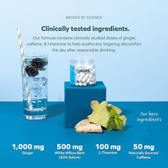 Cheers Relief | Next Morning Aid with Ginger + White Willow Bark | Feel Better After Drinking | 24 Doses | Ginger, White Willow Bark, L-Theanine, Caffeine