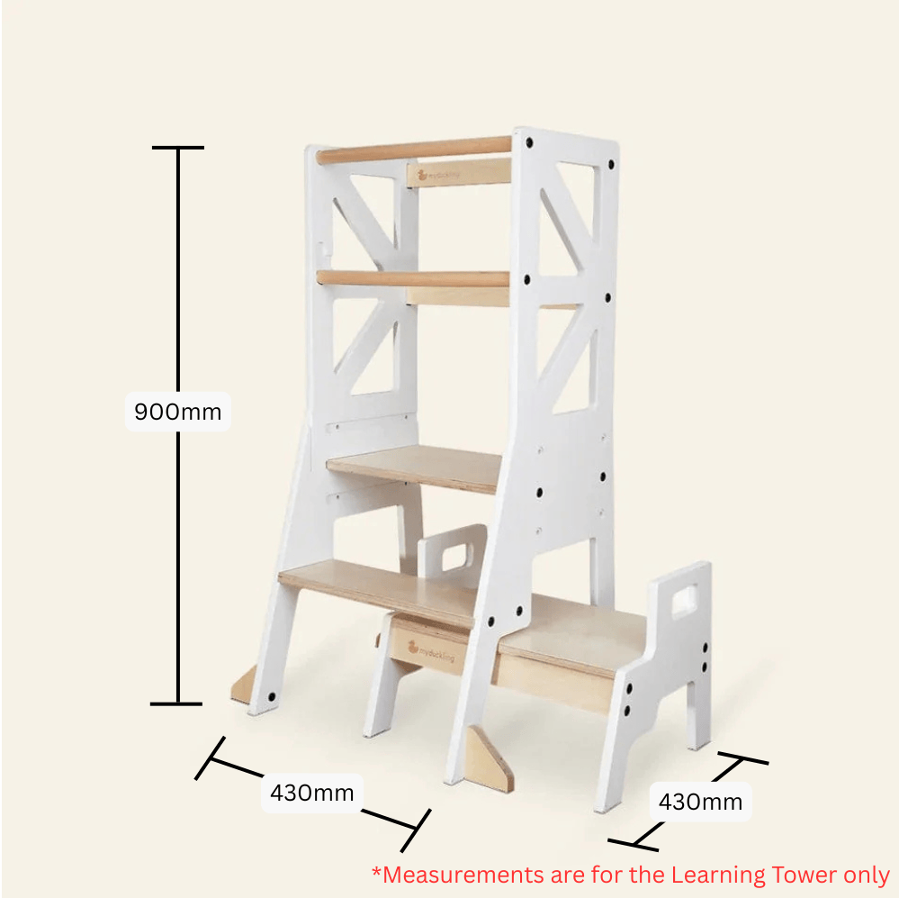 myduckling Deluxe Adjustable Learning Tower (White/Natural) - Flag with Rectangle Handle