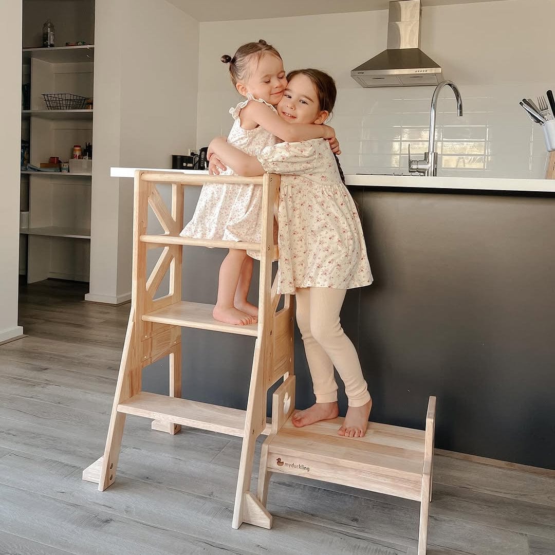 myduckling Deluxe Solid Wood Adjustable Learning Tower - Flag with Duck Stool Handle