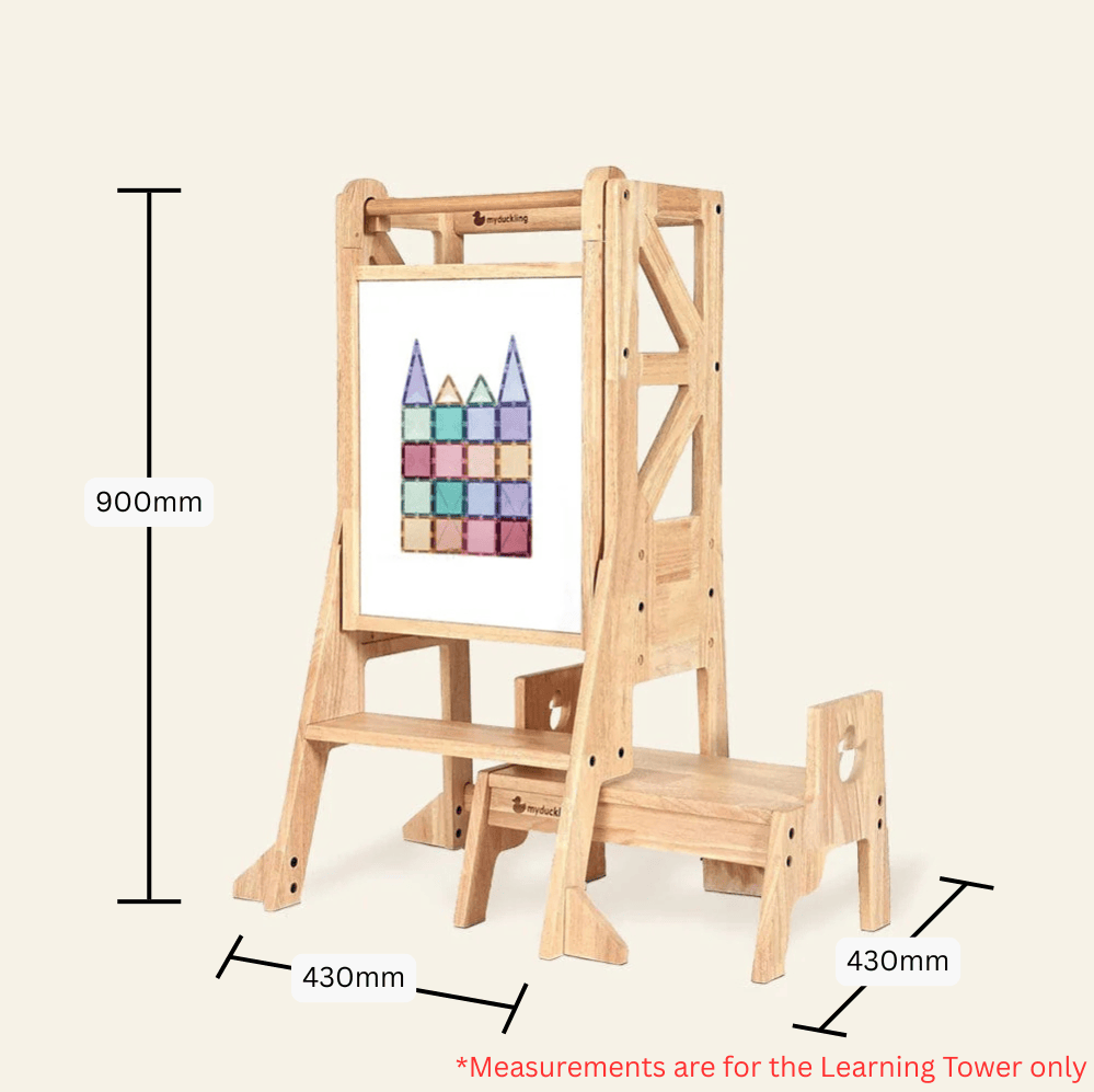 myduckling Deluxe Solid Wood Adjustable Learning Tower - Flag with Duck Stool Handle