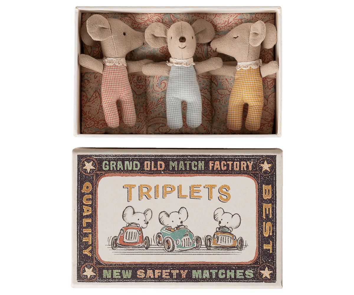 Maileg Triplets Baby Mice in Matchbox Checker