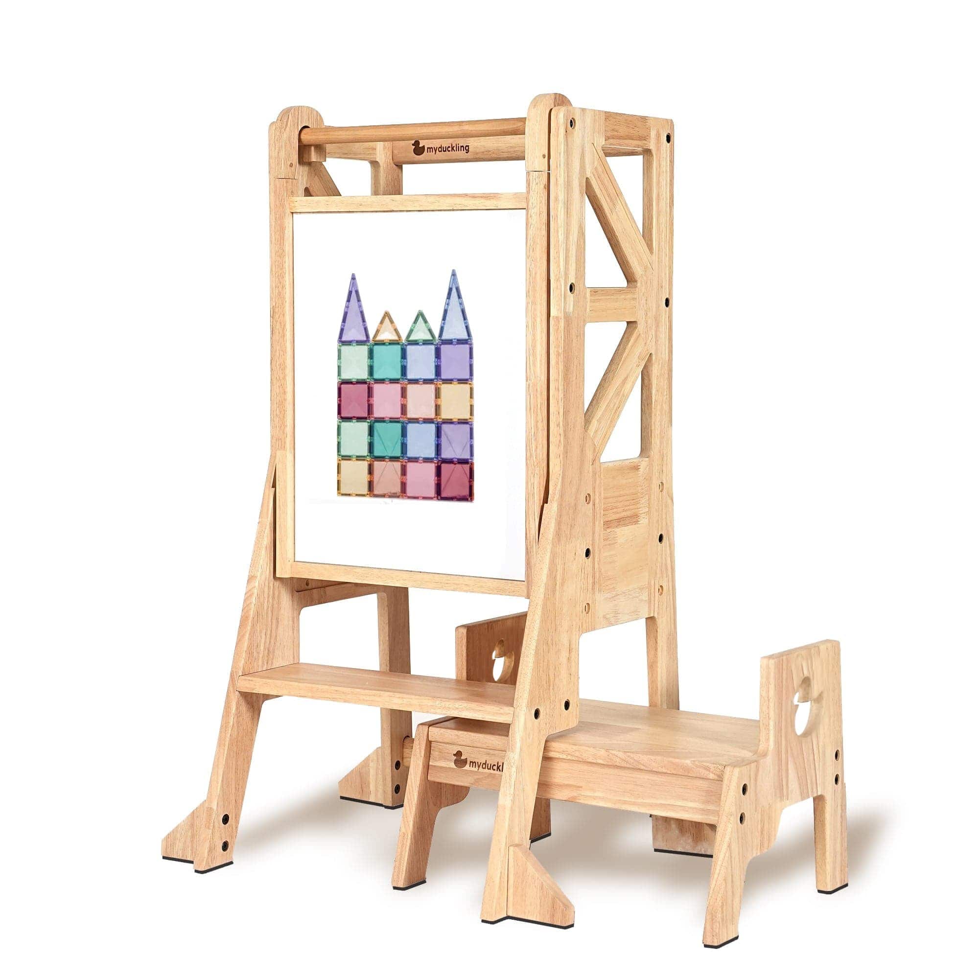 myduckling Deluxe Solid Wood Adjustable Learning Tower - Flag with Duck Stool Handle