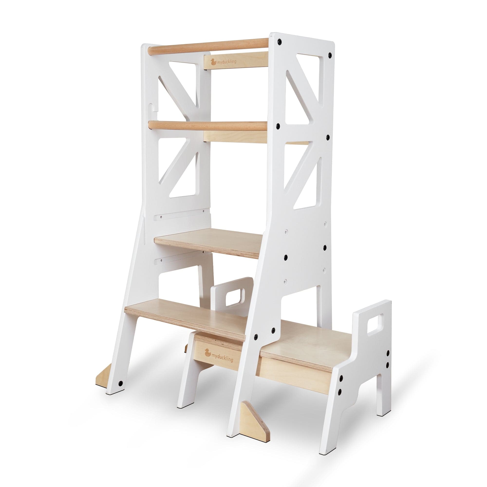 myduckling Deluxe Adjustable Learning Tower (White/Natural) - Flag with Rectangle Handle