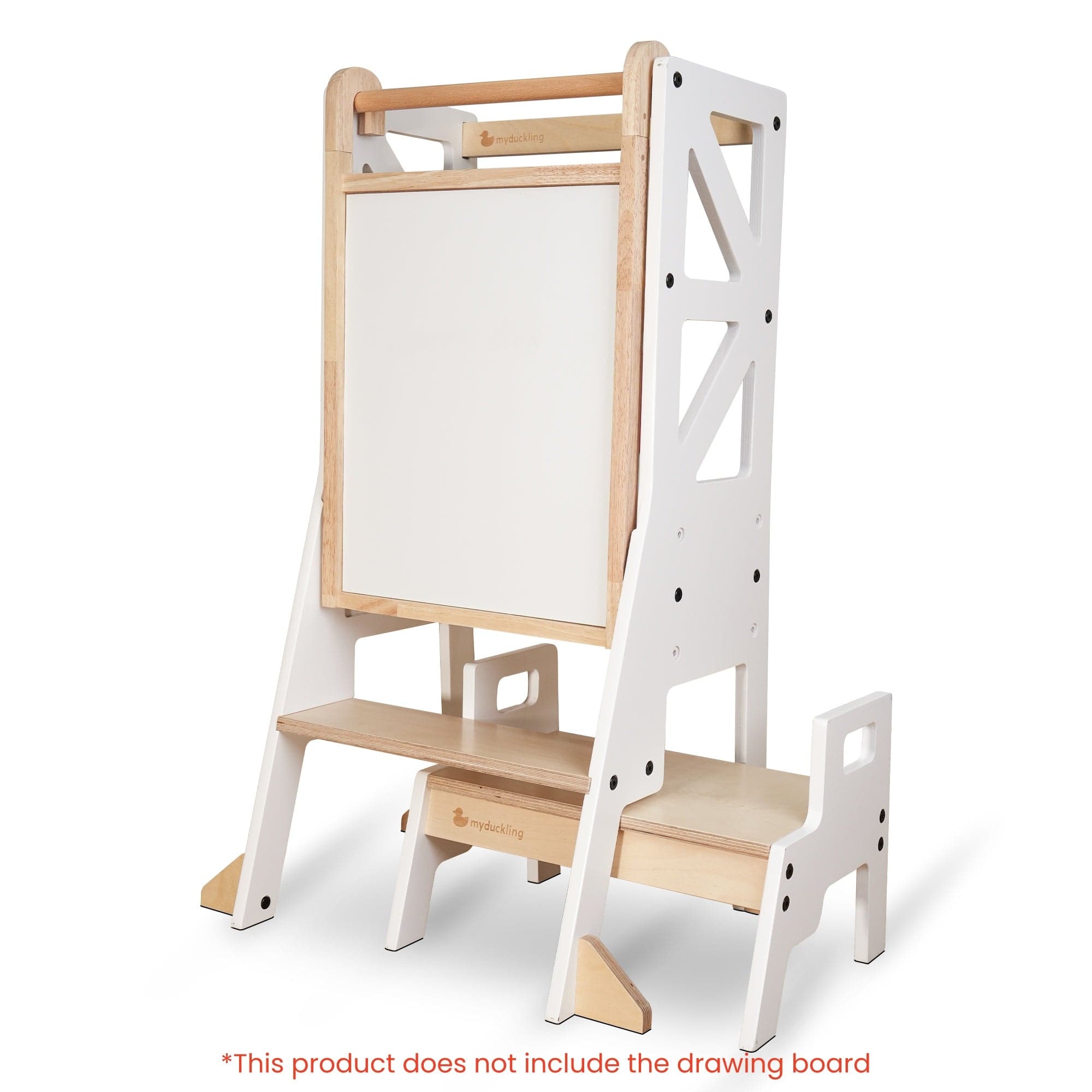 myduckling Deluxe Adjustable Learning Tower (White/Natural) - Flag with Rectangle Handle
