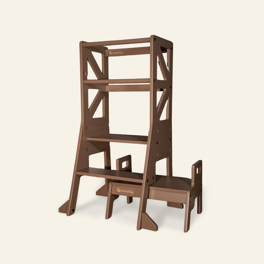 myduckling Deluxe Adjustable Learning Tower (Mocha Brown) - Flag with Rectangle Handle